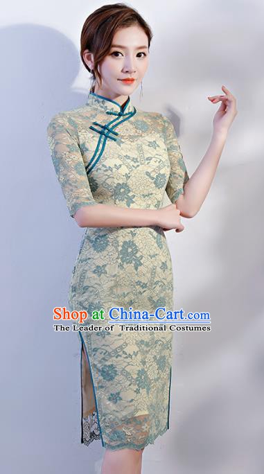 Chinese Traditional Mandarin Qipao Dress National Costume Green Lace Short Cheongsam for Women