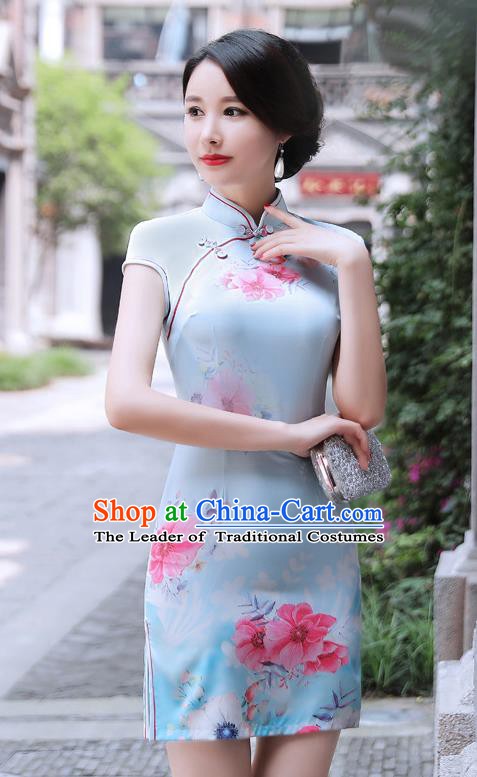 Chinese Traditional Mandarin Qipao Dress National Costume Printing Blue Cheongsam for Women