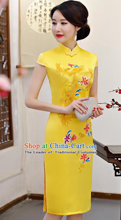 Chinese Traditional Embroidered Phoenix Yellow Silk Mandarin Qipao Dress National Costume Wedding Short Cheongsam for Women