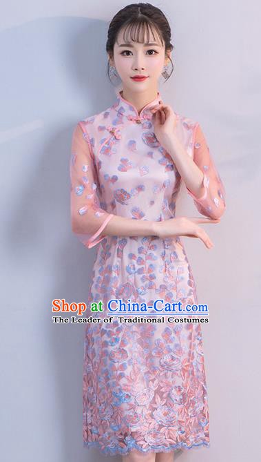 Chinese Traditional Pink Mandarin Qipao Dress National Costume Short Cheongsam for Women