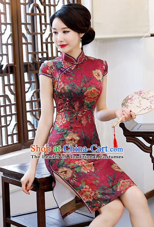 Chinese Traditional Mandarin Qipao Dress National Costume Printing Peony Purplish Red Cheongsam for Women