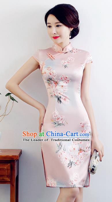 Chinese Traditional Mandarin Qipao Dress National Costume Printing Flowers Pink Silk Cheongsam for Women