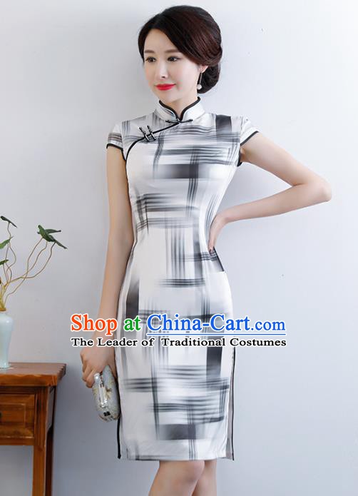 Chinese Traditional Mandarin Qipao Dress National Costume Printing White Silk Cheongsam for Women