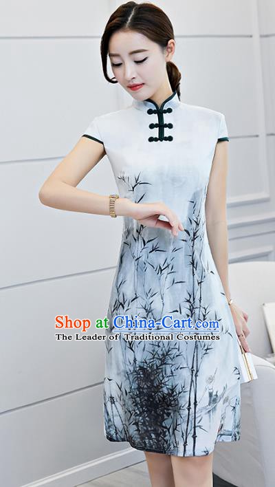 Chinese Traditional Printing Bamboo Mandarin Qipao Dress National Costume Tang Suit Cheongsam for Women
