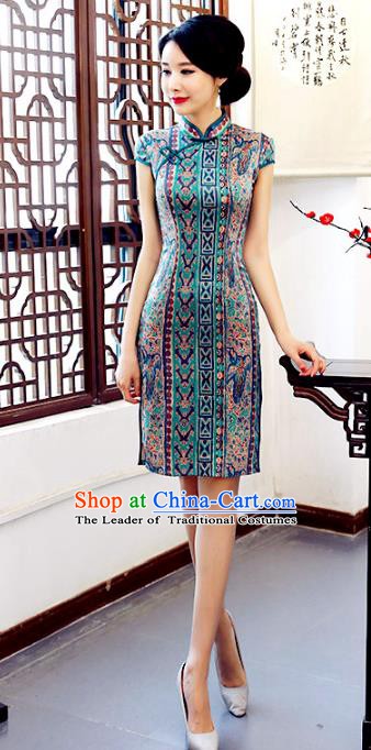 Chinese Traditional Printing Mandarin Qipao Dress National Costume Green Silk Short Cheongsam for Women
