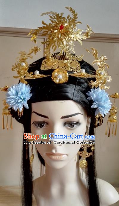 Traditional Chinese Ancient Palace Lady Hair Accessories Golden Phoenix Coronet Hairpins Complete Set for Women