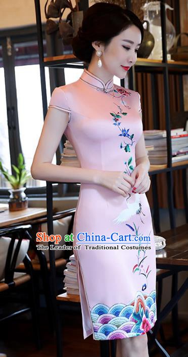 Chinese Traditional Printing Pink Silk Mandarin Qipao Dress National Costume Tang Suit Short Cheongsam for Women