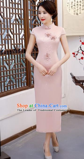 Chinese Traditional Tang Suit Embroidered Qipao Dress National Costume Pink Silk Mandarin Cheongsam for Women