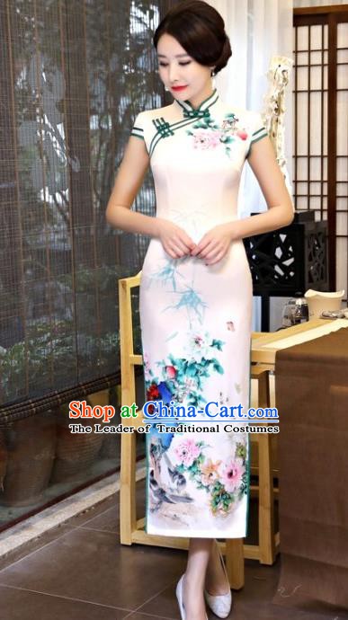 Chinese Traditional Tang Suit White Silk Qipao Dress National Costume Mandarin Cheongsam for Women