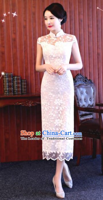 Chinese Traditional Tang Suit White Lace Qipao Dress National Costume Mandarin Cheongsam for Women