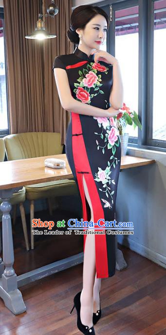 Chinese Traditional Mandarin Qipao Dress National Costume Tang Suit Printing Peony Black Cheongsam for Women
