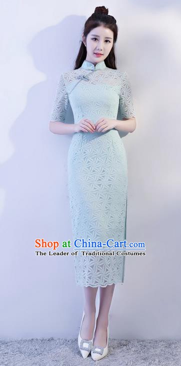 Chinese Traditional Tang Suit Green Lace Long Qipao Dress National Costume Mandarin Cheongsam for Women