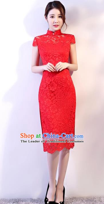 Chinese Traditional Tang Suit Red Embroidered Lace Qipao Dress National Costume Mandarin Cheongsam for Women