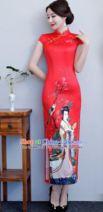 Chinese Traditional Tang Suit Printing Beauty Qipao Dress National Costume Red Silk Mandarin Cheongsam for Women