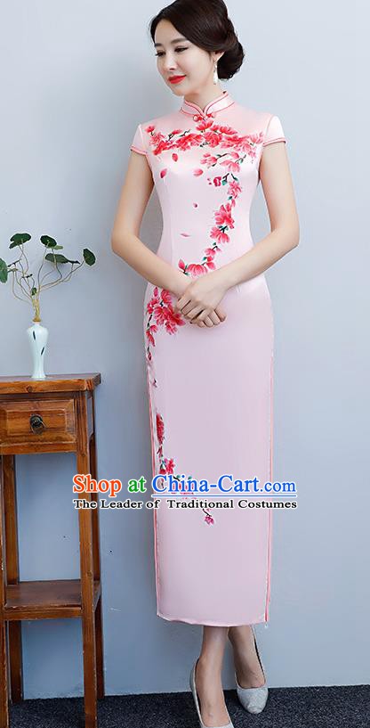 Chinese Traditional Tang Suit Printing Peach Blossom Qipao Dress National Costume Pink Silk Mandarin Cheongsam for Women