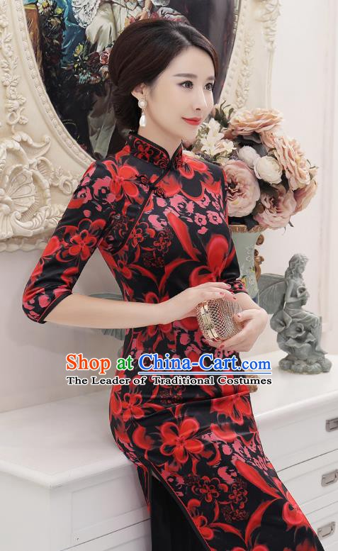 Chinese Traditional Tang Suit Printing Velvet Qipao Dress National Costume Retro Long Mandarin Cheongsam for Women