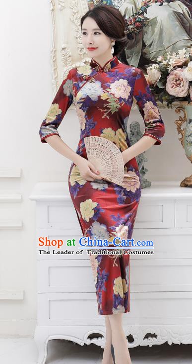 Chinese Traditional Tang Suit Printing Qipao Dress National Costume Retro Long Mandarin Cheongsam for Women