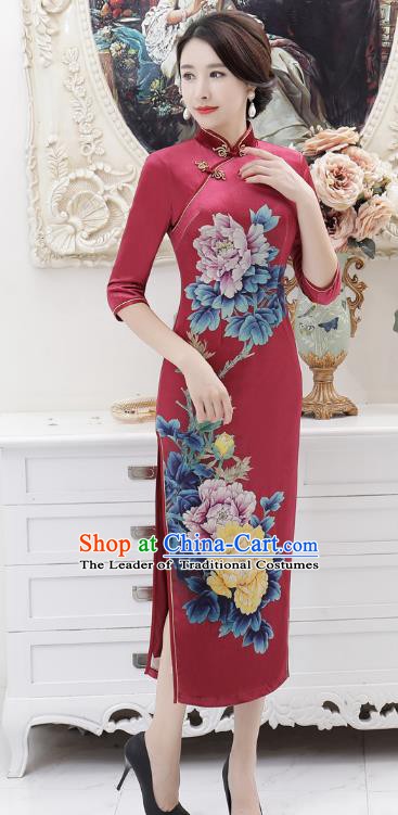 Chinese Traditional Tang Suit Qipao Dress National Costume Retro Printing Peony Mandarin Cheongsam for Women