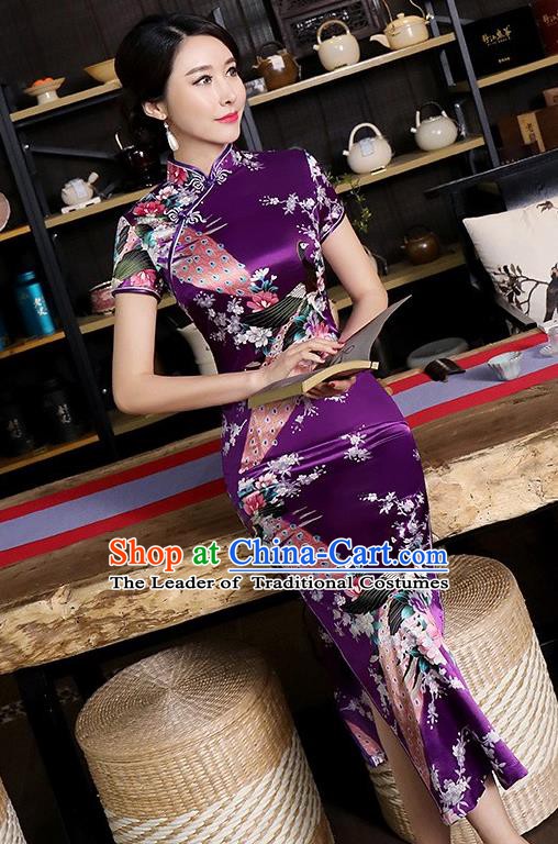 Chinese Traditional Printing Peacock Mandarin Qipao Dress National Costume Tang Suit Purple Cheongsam for Women