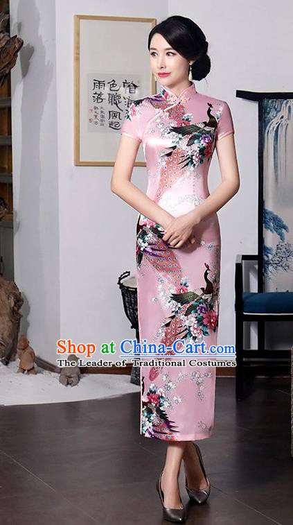 Chinese Traditional Printing Peacock Mandarin Qipao Dress National Costume Tang Suit Pink Cheongsam for Women