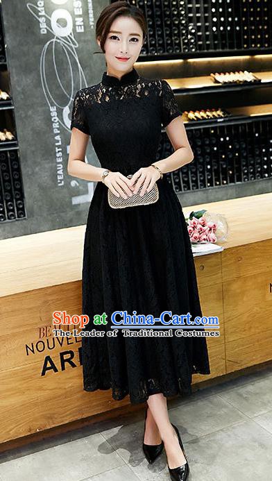 Chinese Traditional Black Lace Qipao Dress National Costume Tang Suit Mandarin Cheongsam for Women