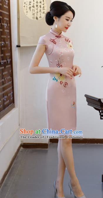 Chinese Traditional Printing Pink Qipao Dress National Costume Tang Suit Mandarin Cheongsam for Women