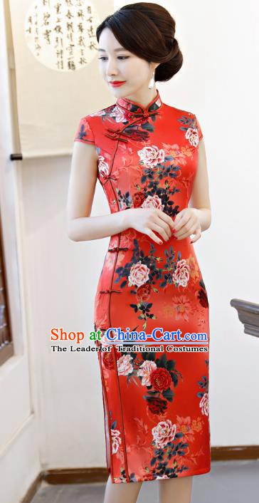Chinese Traditional Printing Peony Red Qipao Dress National Costume Tang Suit Mandarin Cheongsam for Women