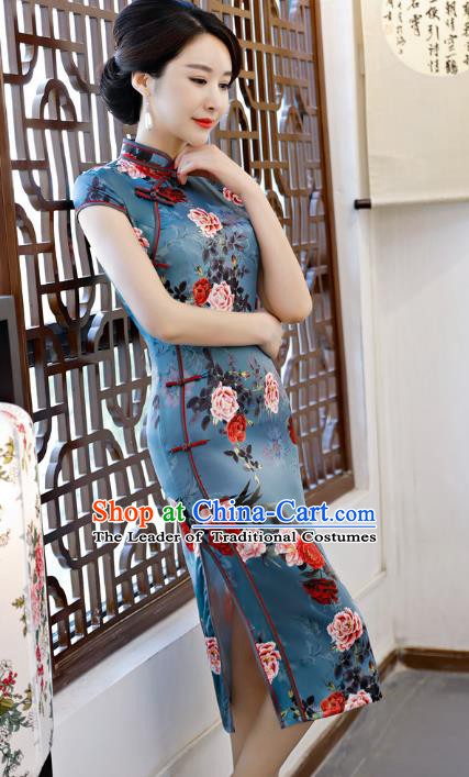 Chinese Traditional Printing Peony Blue Qipao Dress National Costume Tang Suit Mandarin Cheongsam for Women