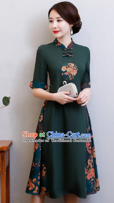 Chinese Traditional Green Qipao Dress National Costume Tang Suit Mandarin Cheongsam for Women