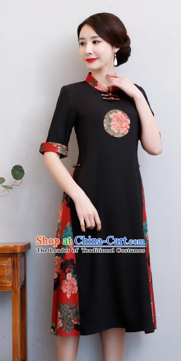 Chinese Traditional Black Qipao Dress National Costume Tang Suit Mandarin Cheongsam for Women