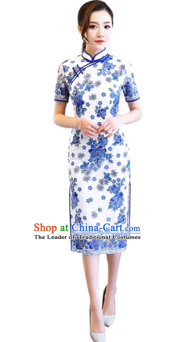 Chinese Traditional Tang Suit Qipao Dress National Costume Printing Blue Peony Mandarin Cheongsam for Women