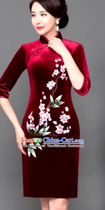 Chinese Traditional Tang Suit Qipao Dress National Costume Red Pleuche Mandarin Cheongsam for Women