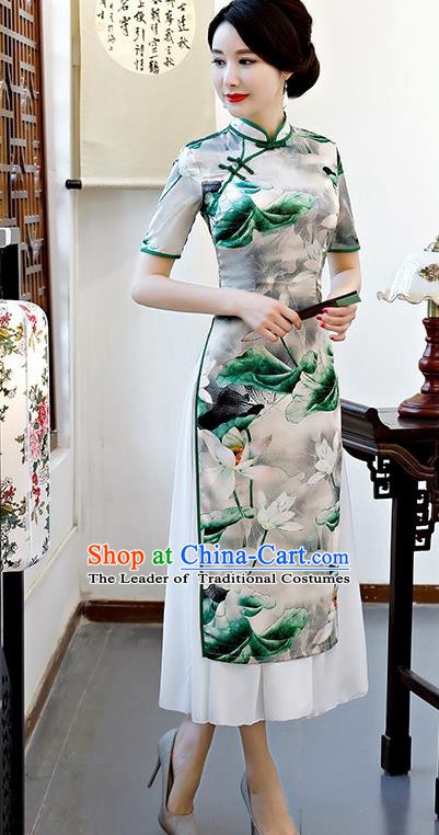 Chinese Traditional Tang Suit Qipao Dress National Costume Printing Lotus Green Mandarin Cheongsam for Women