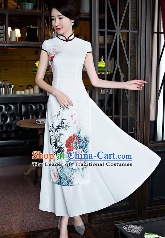 Chinese Traditional Tang Suit Qipao Dress National Costume Printing Peony White Mandarin Cheongsam for Women