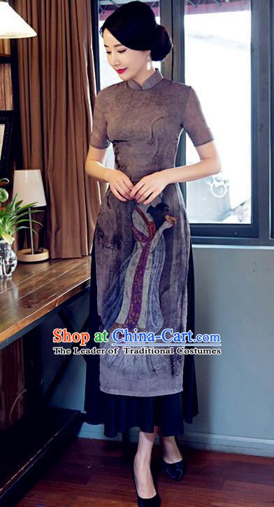 Chinese Traditional Tang Suit Printing Qipao Dress National Costume Mandarin Cheongsam for Women