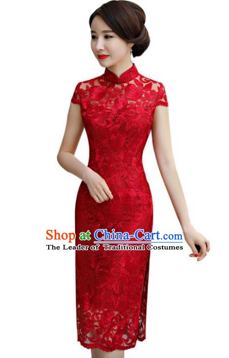 Chinese Traditional Tang Suit Red Lace Qipao Dress National Costume Mandarin Cheongsam for Women