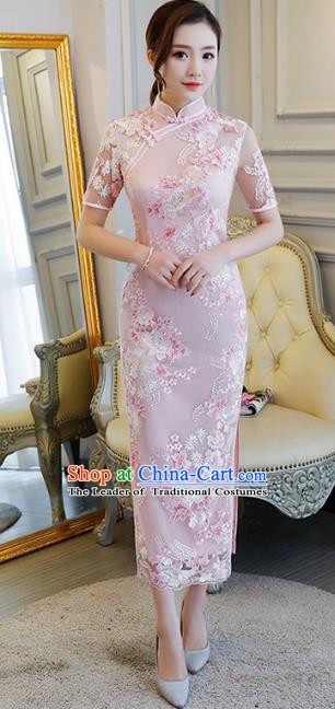 Chinese Traditional Tang Suit Embroidered Qipao Dress National Costume Pink Mandarin Cheongsam for Women