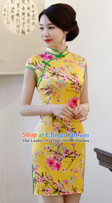 Chinese Traditional Printing Peach Blossom Qipao Dress National Costume Tang Suit Yellow Mandarin Cheongsam for Women