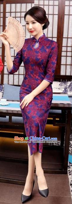 Chinese Traditional Tang Suit Qipao Dress National Costume Retro Purple Mandarin Cheongsam for Women