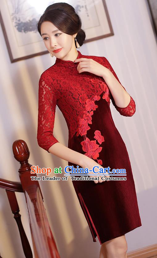 Chinese Traditional Tang Suit Embroidered Qipao Dress National Costume Retro Red Lace Mandarin Cheongsam for Women