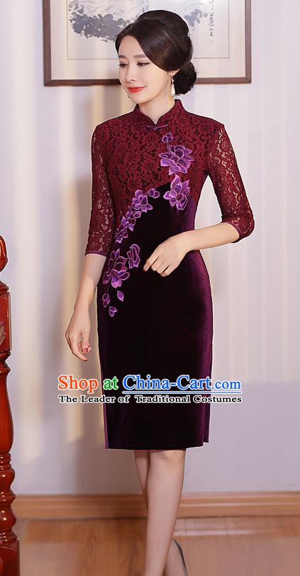 Chinese Traditional Tang Suit Embroidered Qipao Dress National Costume Retro Purple Lace Mandarin Cheongsam for Women