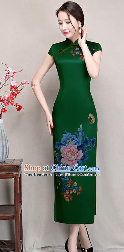 Chinese Traditional Tang Suit Printing Peony Silk Qipao Dress National Costume Retro Green Mandarin Cheongsam for Women