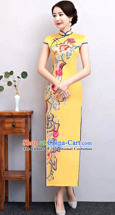 Chinese Traditional Tang Suit Printing Silk Qipao Dress National Costume Retro Yellow Mandarin Cheongsam for Women