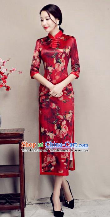 Chinese Traditional Tang Suit Printing Watered Gauze Qipao Dress National Costume Retro Mandarin Cheongsam for Women