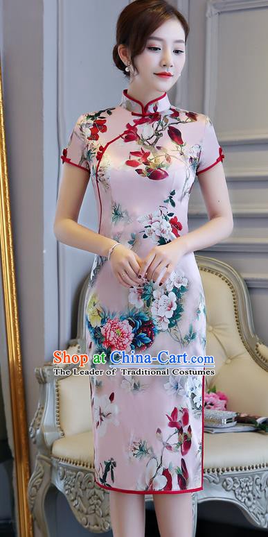 Chinese Traditional Tang Suit Pink Silk Qipao Dress National Costume Mandarin Cheongsam for Women