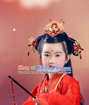 Traditional Chinese Ancient Hair Accessories Red Hair Coronet and Hairpins for Kids