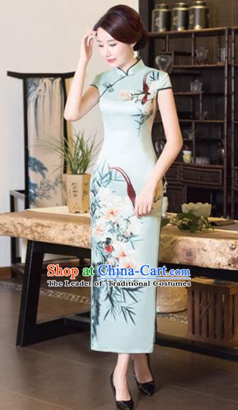 Chinese Traditional Tang Suit Printing Flowers Qipao Dress National Costume Green Silk Mandarin Cheongsam for Women