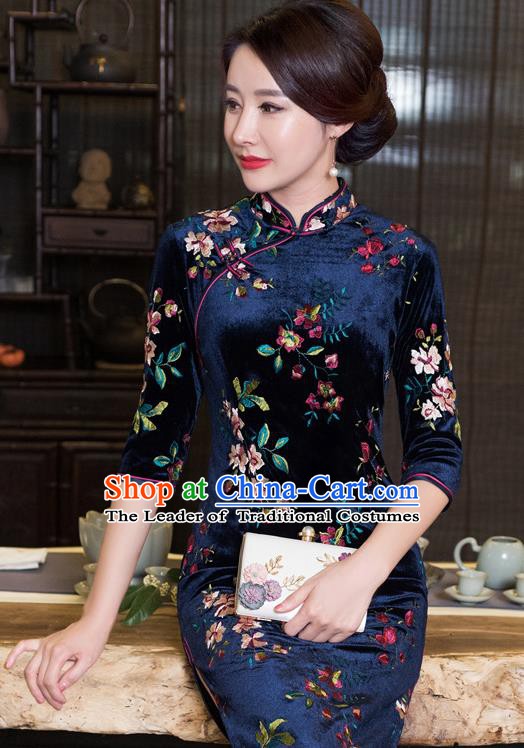 Chinese Traditional Tang Suit Navy Velvet Qipao Dress National Costume Mandarin Cheongsam for Women