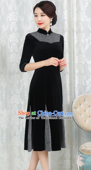 Chinese Traditional Tang Suit Black Velvet Qipao Dress National Costume Top Grade Mandarin Cheongsam for Women