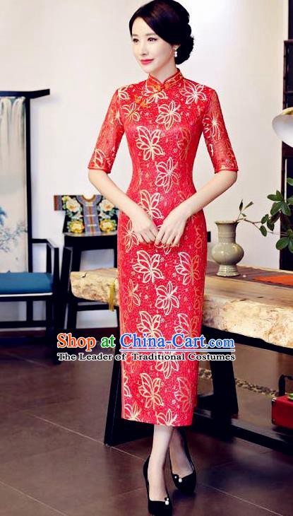 Top Grade Chinese Traditional Red Qipao Dress National Costume Tang Suit Mandarin Cheongsam for Women